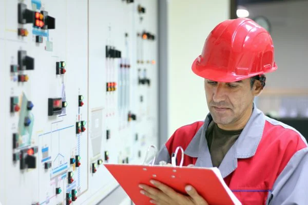 Engineer standing in front of the control panel in the control room and writes the results of measurements.