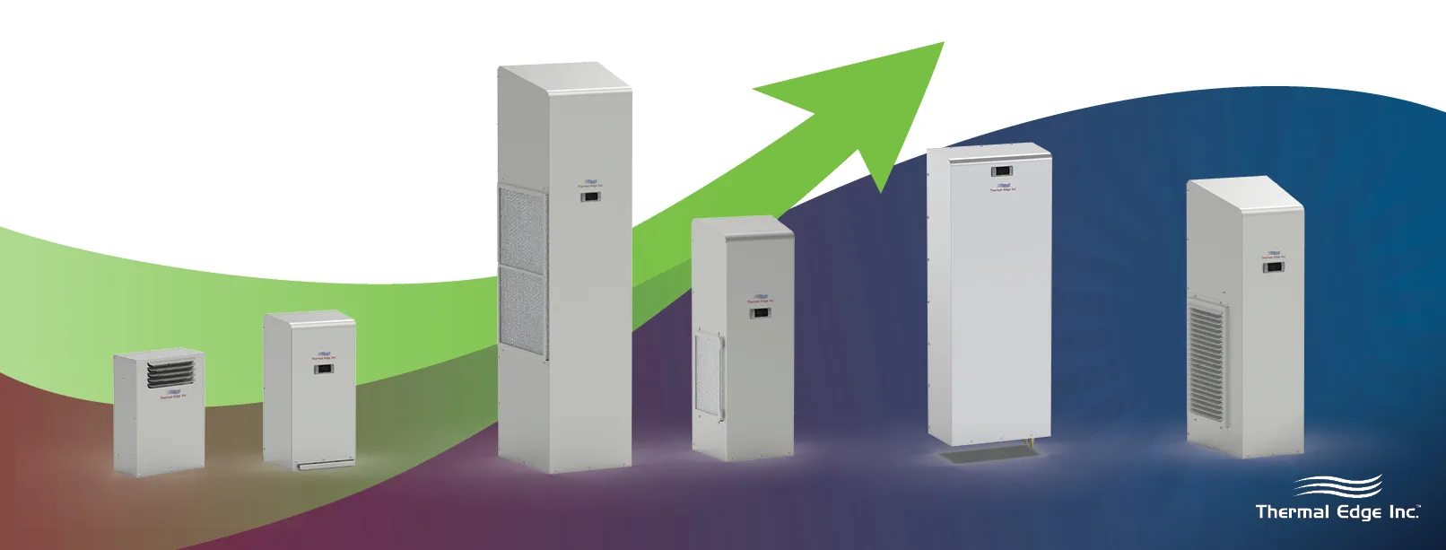 Graphic featuring various Thermal Edge's electrical cabinet cooling systems and a green upward arrow symbolizing improved efficiency.