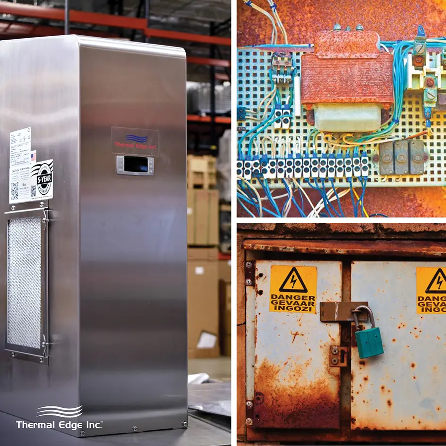 Graphic showing on the left, a stainless steel Thermal Edge air conditioner designed for harsh conditions. On the top right, a rusted electrical panel with corroded components and wires is visible. On the bottom right, a heavily rusted metal enclosure with danger signs and a padlock is shown.