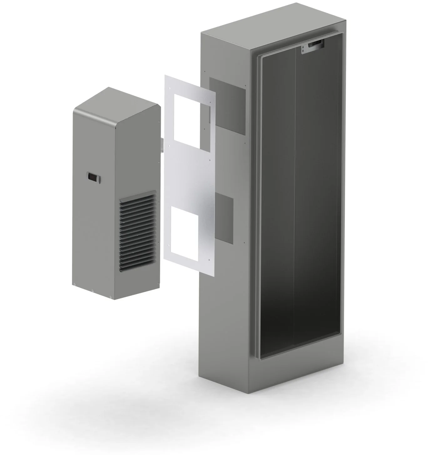 Image showing how the Universal Mounting Plate allows for Thermal Edge ACs to fit on enclosures that previously had the cutouts for a different manufacturer's AC.