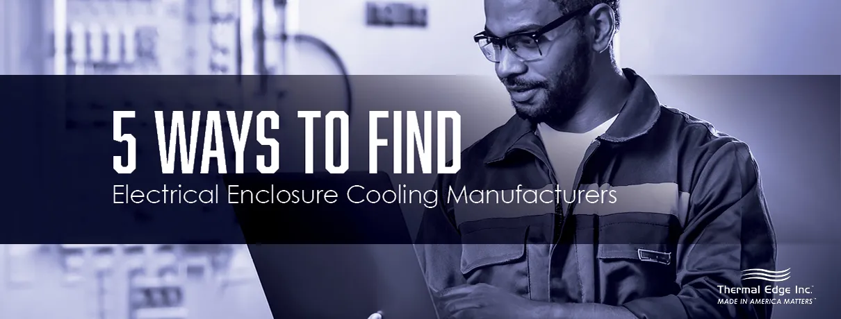 Technician searching on a laptop for an electrical enclosure cooling manufacturer, promoting a guide to choosing the right supplier.