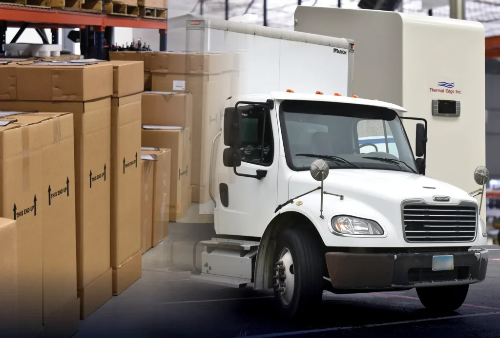 Shipping boxes, logistics truck, and Thermal Edge Electrical Enclosure Air Conditioner.