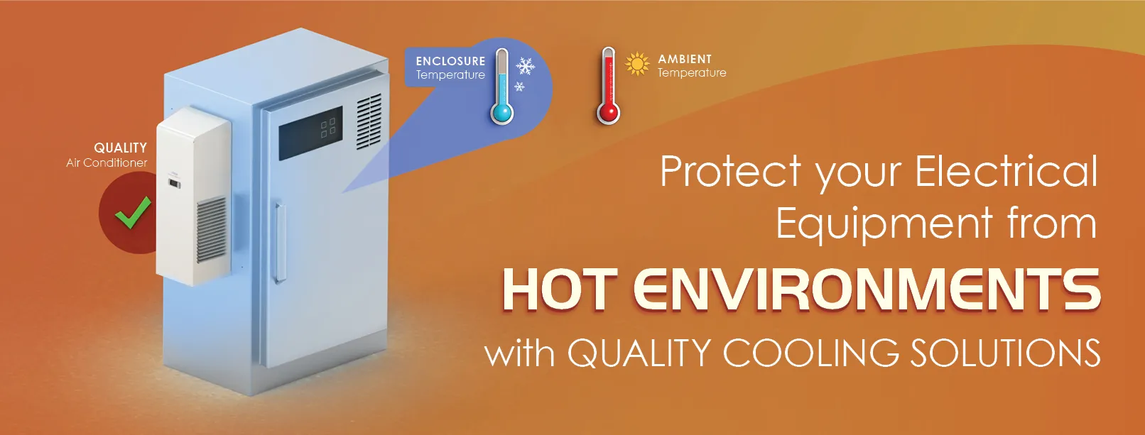 Illustration showing a Thermal Edge air conditioner installed on an electrical enclosure. A blue icon represents cool enclosure temperature, while a red icon shows high ambient temperature. Text reads: "Protect your Electrical Equipment from HOT ENVIRONMENTS with QUALITY COOLING SOLUTIONS.