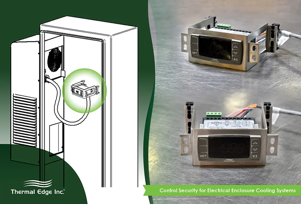 Graphic showing a cooling control unit for electrical enclosures. The left side features an illustration of an enclosure with the digital controller inside it, highlighted, wired to the A/C attached to the enclosure. The right side shows two photos of the actual digital controller with buttons and wiring. The image emphasizes control security for electrical enclosure cooling systems.