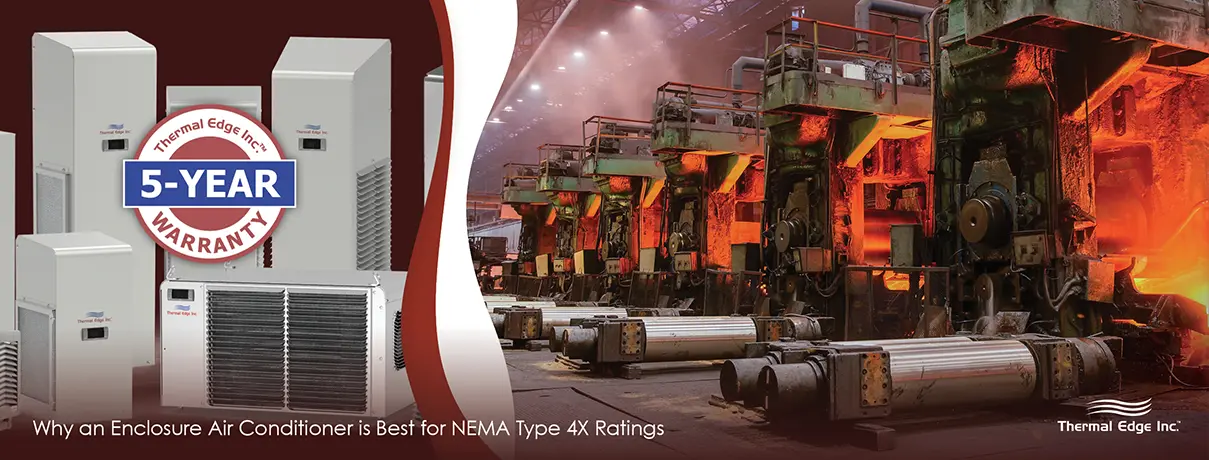 Split image featuring Thermal Edge enclosure air conditioners on the left with a '5-Year Warranty' badge, and an industrial manufacturing facility with high-heat machinery on the right. The graphic highlights the importance of using enclosure air conditioners for NEMA Type 4X ratings in harsh environments.