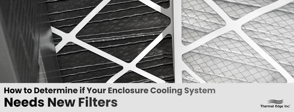Thermal Edge graphic comparing a dirty air filter and a clean air filter to illustrate when an enclosure cooling system needs new filters.